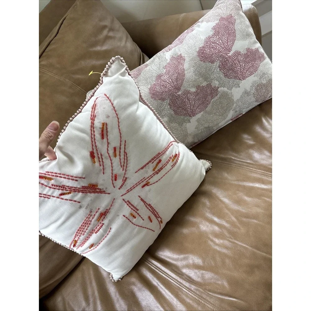 Pier 1 Imports Decorative Coastal Throw Pillows Lot Of 2 Starfish Coral Tan EUC‎